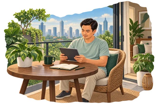 Raka membaca informasi investasi di tablet sambil duduk di balkon rumahnya pada Sabtu pagi.