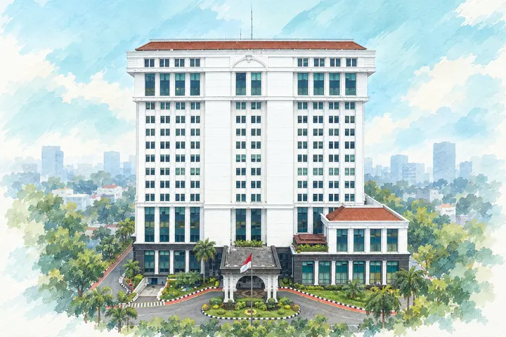 Ilustrasi Gedung Sumitro Djojohadikusumo, kantor OJK di Jakarta, dengan fasad putih dan bendera Indonesia.