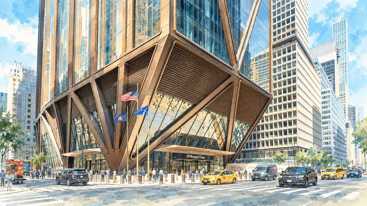 Ilustrasi kantor pusat JPMorganChase di 270 Park Avenue, New York, dengan papan nama dan struktur kolom perunggu.