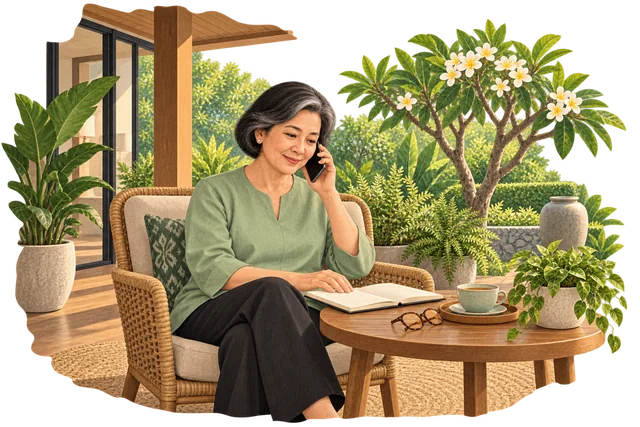 Ibu Lestari berbincang lewat telepon dengan putrinya di teras rumah, dengan buku catatan terbuka di meja.