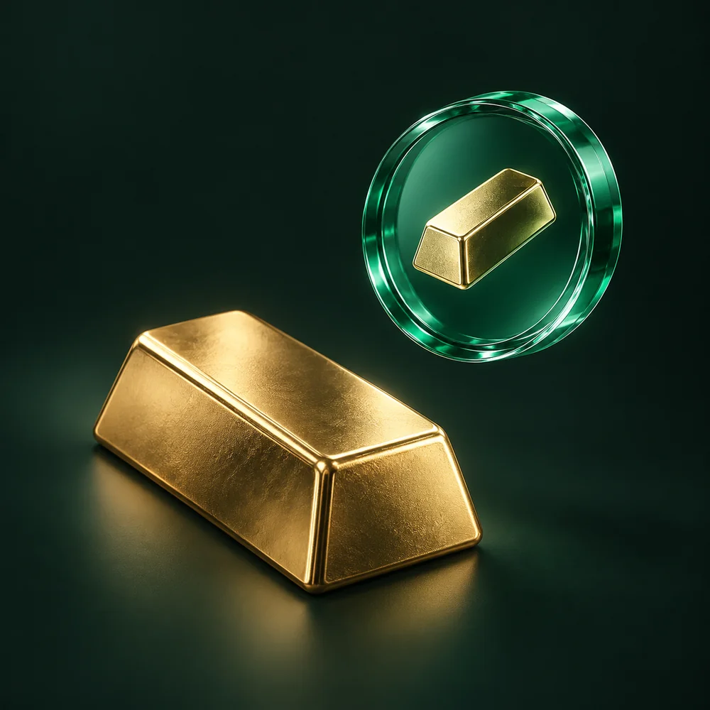 Emas fisik dan representasinya dalam token kaca, menggambarkan tokenisasi aset dunia nyata.
