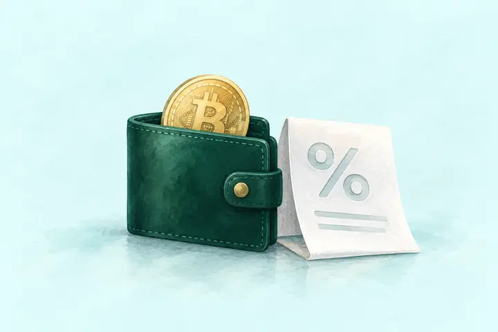 Ilustrasi dompet Bitcoin dan lembar persentase pajak.